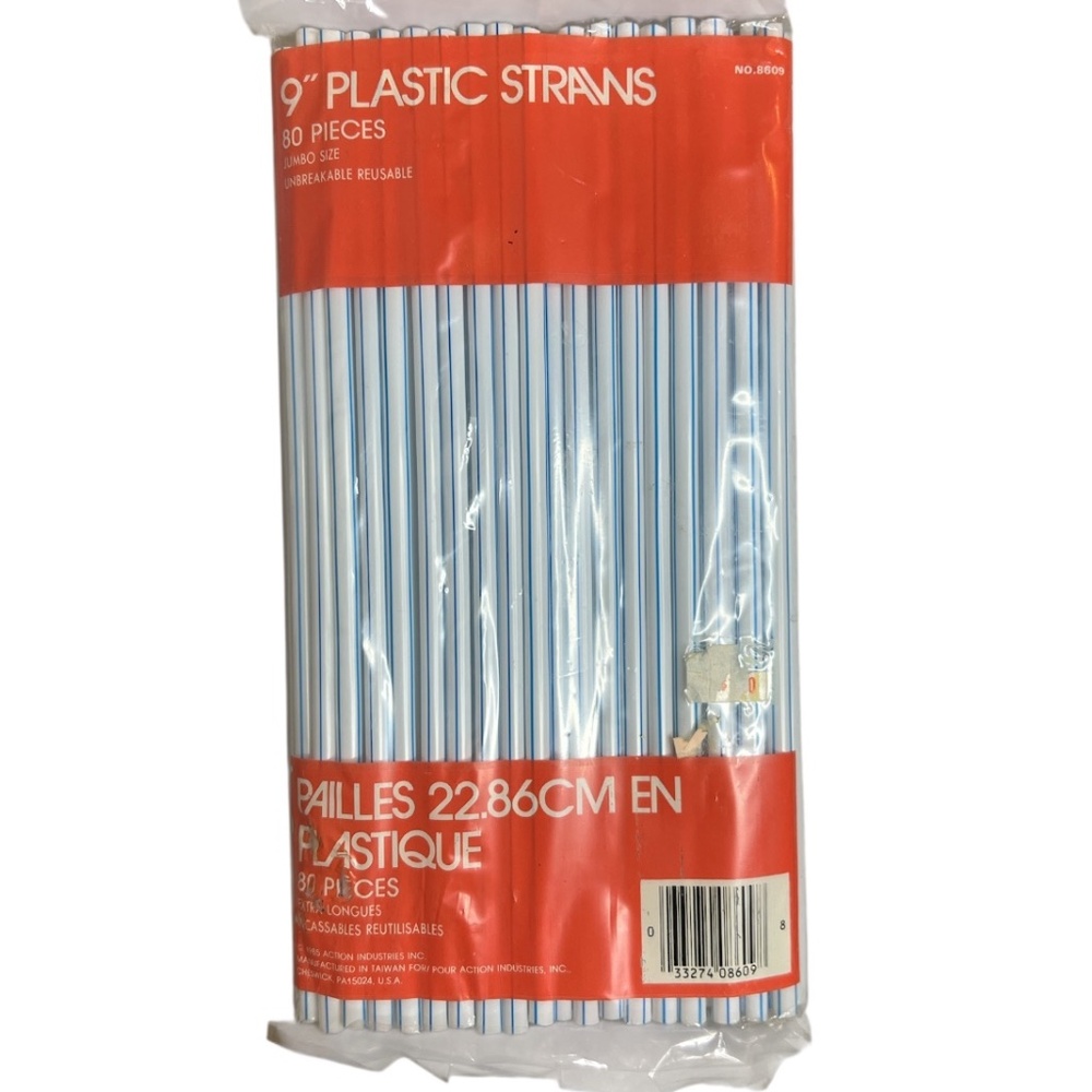 Vintage 1985 Action Industries 9" Plastic Straws White Blue Stripe 80PK Jumbo